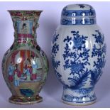 A 19TH CENTURY CHINESE FAMILLE ROSE CELADON GROUND PORCELAIN VASE, together with a Chinese blue and