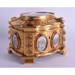 A GOOD 19TH CENTURY FRENCH GRAND TOUR IVORY INSET GILT BRASS BOX decorated with various scenes from