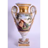 AN EARLY 19TH CENTURY FRENCH PARIS PORCELAIN TWIN HANDLED VASE painted with figures within interiors