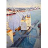 BRITISH SCHOOL (20th century) FRAMED OIL ON PANEL, impressionist cranes in a dockyard, probably Rosy