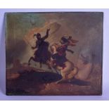 AN EARLY 19TH CENTURY CONTINENTAL PAINTING ON TIN depicting a battle scene. 25 cm x 21 cm.