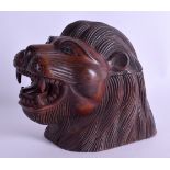 A LATE 19TH CENTURY ANGLO INDIAN CARVED HARDWOOD TOBACCO JAR in the form of a lion mask head. 16 cm