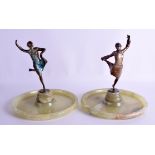 A STYLISH PAIR OF ART DECO COLD PAINTED BRONZE FIGURAL DISHES in the manner of Ferdinand Preiss, mod