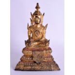 A 19TH CENTURY SOUTH EAST ASIAN GILDED BRONZE BUDDHA modelled upon a stepped triangular base. 19 cm