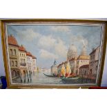 CLAUDE (Early 20th century) VENETIAN FRAMED OIL ON CANVAS, signed, gondolas in a landscape. 59 cm x