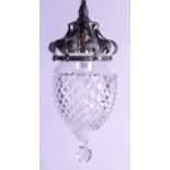 AN ART NOUVEAU BRONZE AND CLEAR GLASS HANGING PENDANT LAMP. 20 cm x 12 cm inc fittings.