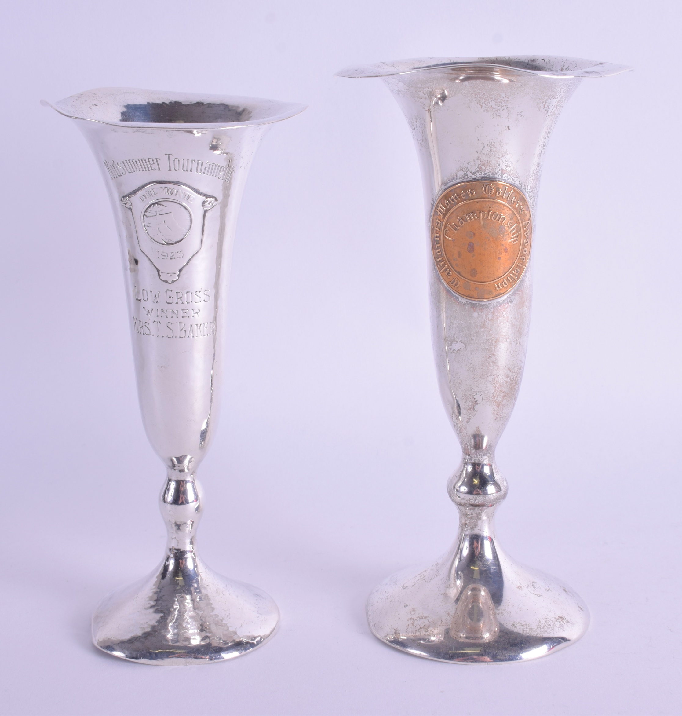 TWO AMERICAN SHREVE & CO ART DECO HAMMERED SILVER GOLFING TROPHY VASES. 11.6 oz (loaded). 16 cm high