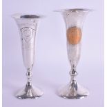 TWO AMERICAN SHREVE & CO ART DECO HAMMERED SILVER GOLFING TROPHY VASES. 11.6 oz (loaded). 16 cm high