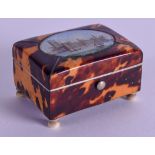A VICTORIAN CARVED TORTOISESHELL BOX inset with a reverse painted view of Westminster.