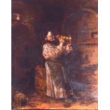 GERMAN SCHOOL (19th century), framed oil on panel, a monk studying a stein in an interior. 24 cm x 2