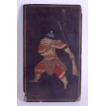 AN 18TH/19TH CENTURY JAPANESE EDO PERIOD CARVED LACQUER PANEL OF A WARRIOR decorated with calligraph