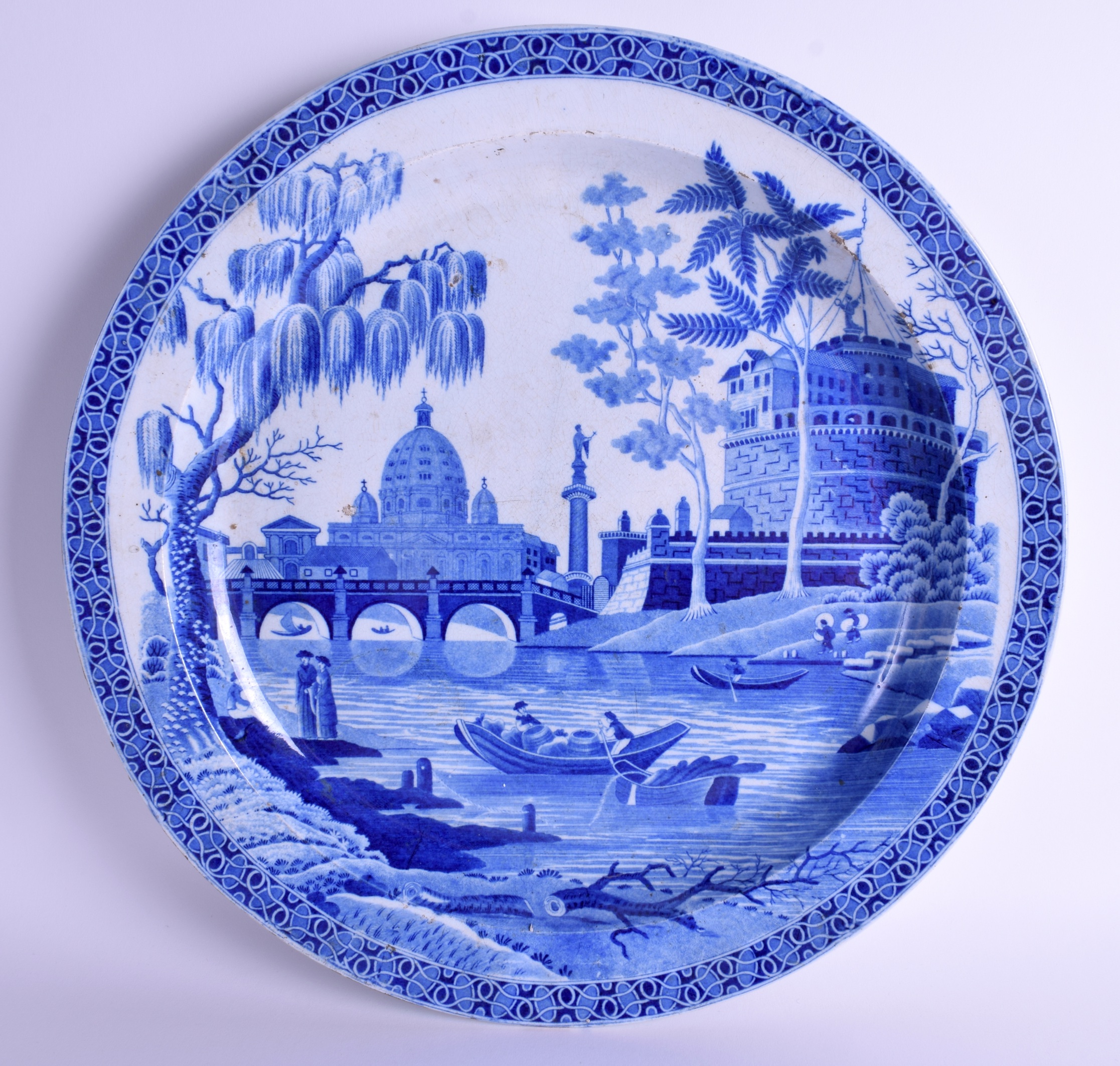 A RARE LARGE 19TH CENTURY SPODE BLUE AND WHITE POTTERY DISH decorated with the Tiber or Rome pattern