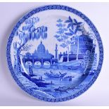 A RARE LARGE 19TH CENTURY SPODE BLUE AND WHITE POTTERY DISH decorated with the Tiber or Rome pattern