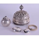 AN EDWARDIAN SILVER TABLE BELL Birmingham 1901, together with a silver rattle & two bells. (4)