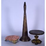 A COPPER KETTLE STAND, together with a miniature marble top table etc. Largest 46 cm. (3)