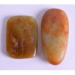 TWO EARLY 20TH CENTURY CHINESE CARVED JADE TABLETS. 5 cm x 3 cm & 3 cm x 6 cm. (2)