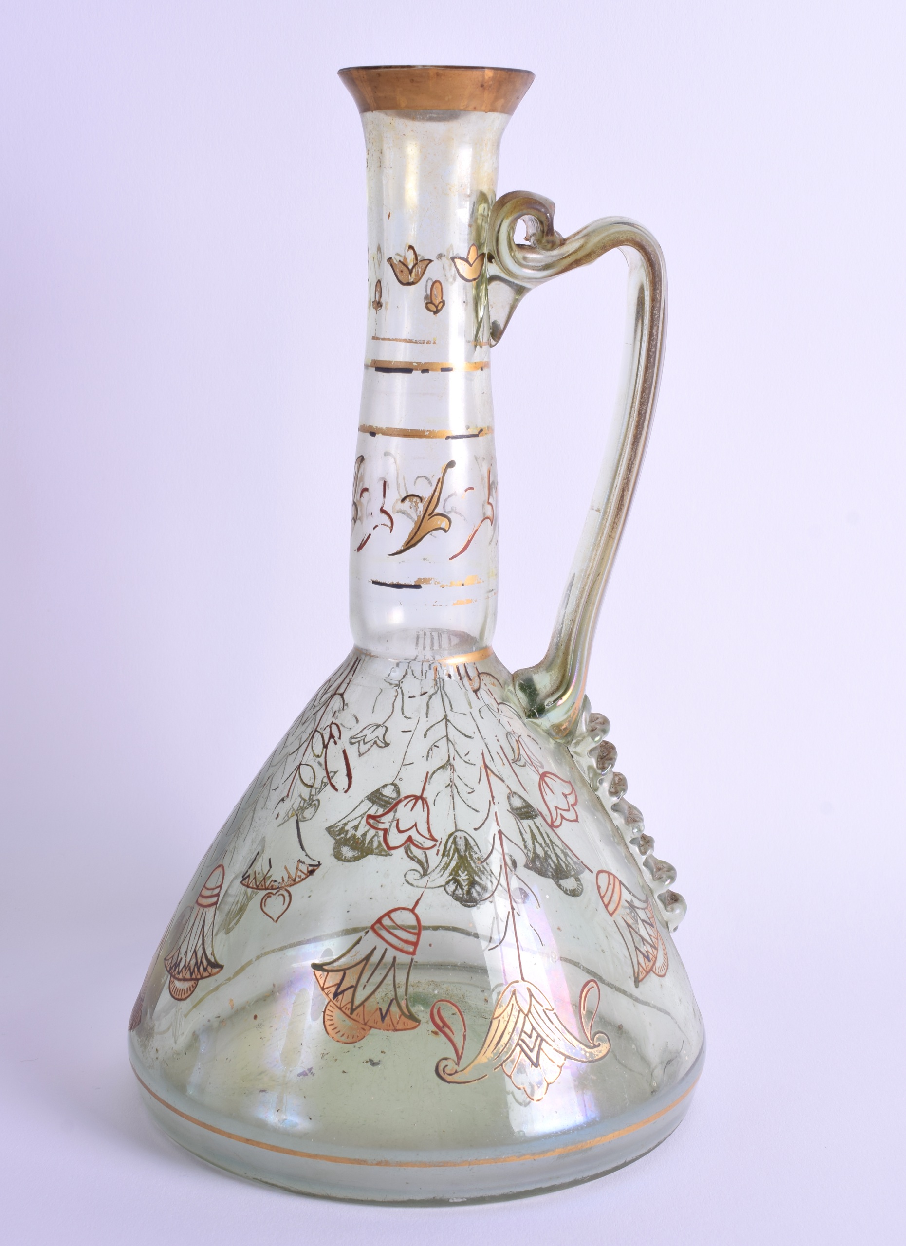 AN ART NOUVEAU GERMAN FRITZ HECKERT ENAMELLED GLASS EWER C1890 painted with swags and floral sprays.