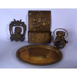 A LARGE ENGRAVED BRASS TRAY, together with a lamp, plaque etc. (4)