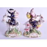 A PAIR OF 18TH CENTURY DERBY FIGURES OF A WELSH TAILOR & COMPANION modelled upon goats. 10 cm wide.