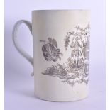 A RARE 18TH CENTURY ENGLISH PRINTED BLACK AND WHITE MUG Worcester or Liverpool, decorated with figur