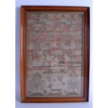 A 19TH CENTURY ENGLISH EMBROIDERED SAMPLER depicting the alphabet, a deer and landscapes. Sampler 27