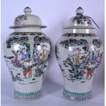 A LARGE PAIR OF 20TH CENTURY CHINESE PORCELAIN VASE AND COVER BEARING KANGXI MARKS, decorated with i