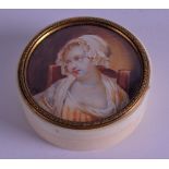 A MID 19TH CENTURY CONTINENTAL CARVED IVORY BOX inset with a miniature of a female. 5.5 cm wide.