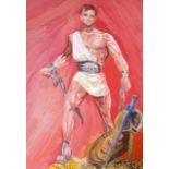 GREEK SCHOOL (20th century), unframed oil on card, full length portrait of Spartacus, depicted in br