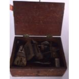 A WOODEN BOX CONTAINING VARIOUS CLAMPS, together with assorted tools. Box 19.5 cm wide.
