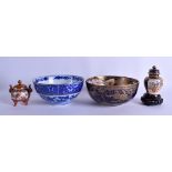 AN EARLY 20TH CENTURY JAPANESE MEIJI PERIOD SATSUMA BOWL together with a blue bowl & two vases & cov