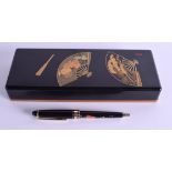 A JAPANESE TAISHO PERIOD BLACK LACQUER BOX AND COVER with matching pen. Box 21 cm x 7.5 cm.