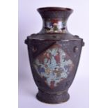 A 19TH CENTURY JAPANESE MEIJI PERIOD BRONZE CHAMPLEVE ENAMEL VASE decorated with figures in various