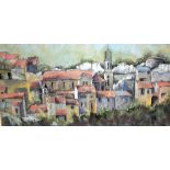 BRITISH SCHOOL (20th century), framed pastel, houses in a landscape. 28 cm x 49 cm.