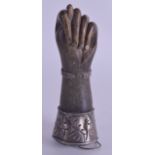 A VERY RARE 18TH CENTURY CONTINENTAL SILVER AND HORN HAND formed as a clenched fist with silver fing