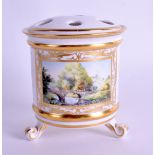A LYNTON PORCELAIN CYLINDRICAL POT POURRI VASE AND COVER painted by Stefan Nowacki depicting Pack Ho