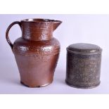 A LATE 19TH CENTURY INDIAN BIDRI WARE TOBACCO JAR AND COVER together with a salt glazed jug. 14 cm &