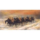 J CONSTABLE (British) FRAMED OIL ON CANVAS, a group of soldiers on horseback in a winter landscape,