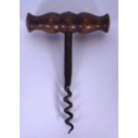 A GEORGIAN MAHOGANY WOODEN HANDLED CORKSCREW, formed with steel worm. 11.5 cm x 8.5 cm.