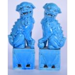 A PAIR OF EARLY 20TH CENTURY CHINESE TURQUOISE GLAZED PORCELAIN STATUE OR FOO DOG, formed scowling s