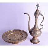 A 19TH CENTURY PERSIAN SILVER INLAID ISLAMIC EWER with matching basin. Ewer 47 cm high. (2)