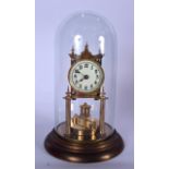 AN ANTIQUE BRASS ANNIVERSARY CLOCK, on a circular plinth with glass dome. 33 cm high.