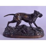 A 19TH CENTURY FRENCH BRONZE FIGURE OF A HOUND After Jules Moigniez, modelled as a pointer upon a na