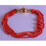 A FINE VICTORIAN GOLD AND CORAL MULTI STRAND NECKLACE. 96 grams. Each strand 40 cm long.