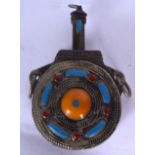 AN EARLY 20TH CENTURY TIBETAN METAL FLASK OR BOTTLE, inset with turquoise and other stones. 13.5 cm