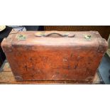 A LOVELY JOHN POUND & CO LEATHER SUITCASE the exterior painted with figures. 77 cm x 22 cm x 43 cm.