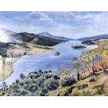 R ROBERTSON (Scottish) FRAMED ACRYLIC, initialled, "Spring At The Queens View, Loch Tummel", figures