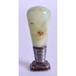 A 19TH CENTURY CHINESE CARVED JADEITE SEAL with European silver mounts. 6 cm high.