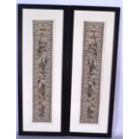 A FRAMED PAIR OF EARLY 20TH CENTURY CHINESE SILK PANELS, decorated with figures in various pursuits.