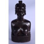 A LARGE AFRICAN WOODEN CARVED BUST OF A FEMALE, formed with her breasts spilling on to a plinth. 38