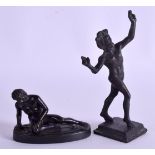A 19TH CENTURY ITALIAN GRAND TOUR FIGURE OF FAWN together with a smaller bronze gladiator. 12 cm hig